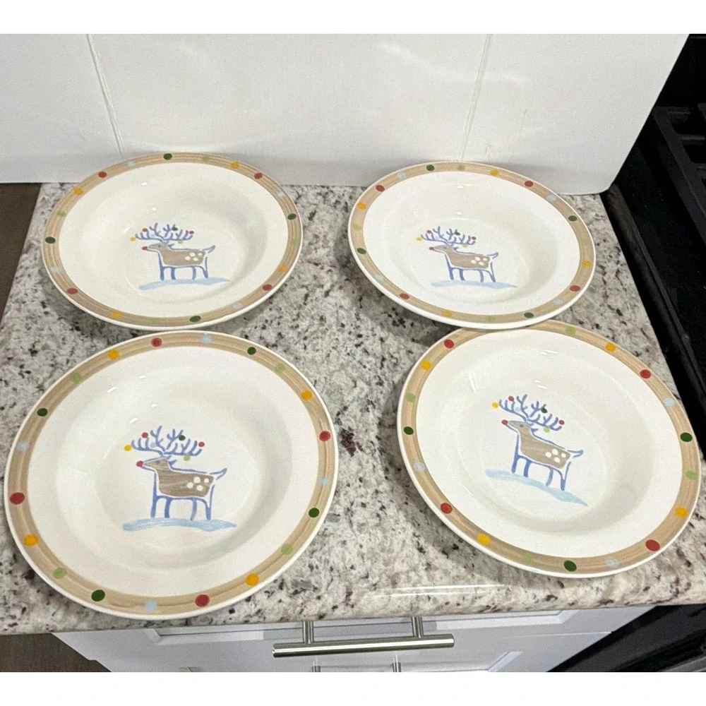4 HOME Italy Ceramic Holiday Reindeer Bowls Christmas Polka Dot Rimmed SoupPasta